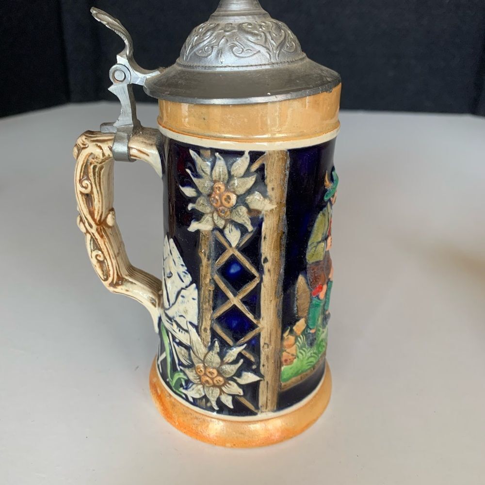 Vintage Reinhold Merkelbach Lidded German Beer Stein Mug Pair on a Log #3393.